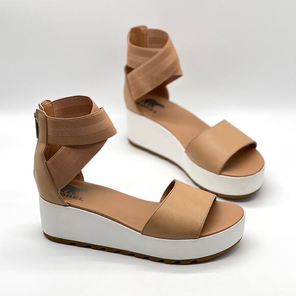 SOREL Cameron Flatform Sandals Womens 10 Tan White Platform Wide Strap Comfort - Picture 1 of 12
